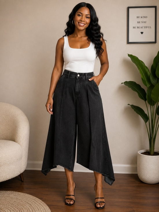 no brand Denim - High-Rise Wide Leg Flare Jeans in Washed Black
